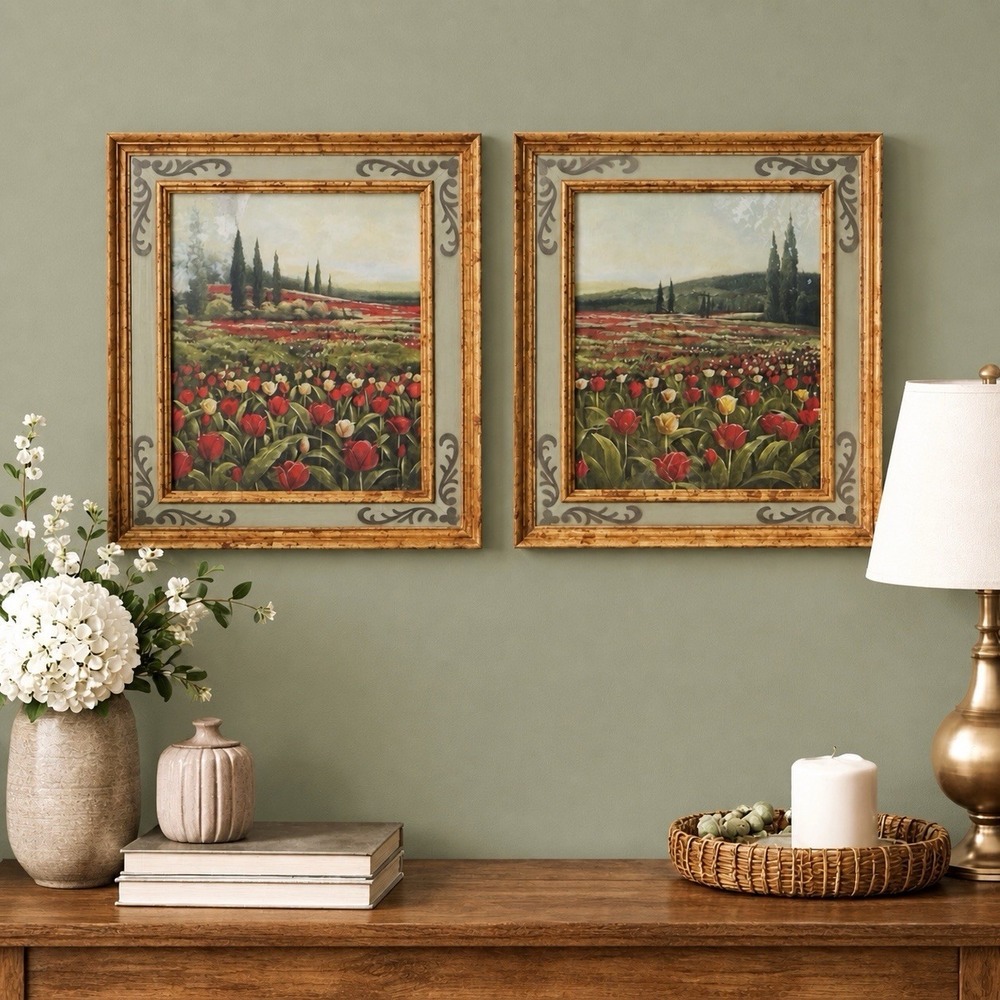 Pate Tulip Field I & II Framed 13x11 Art Print Set Neiman Marcus Floral Deco
